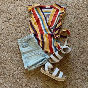 Monteau Striped Faux Wrap Top